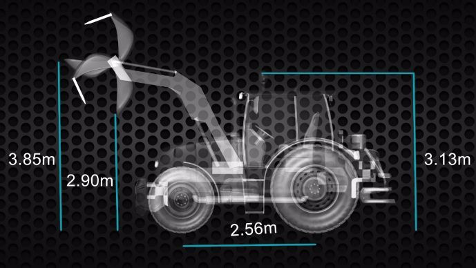 L’empattement de ce modèle est de 2,56 m, la hauteur du tracteur au girophare est de 3.13 m. Le chargeur Alo/quick 958 emmène la lame du godet en position horizontal à 3,85m. Complètement cavé la hauteur n’est plus que de 2,90m, ce qui permet de charger une remorque aux dimensions standards. Le rayon de braquage est d’environ 2.80 m aux roues intérieurs et de près de 5m à l’extérieur.