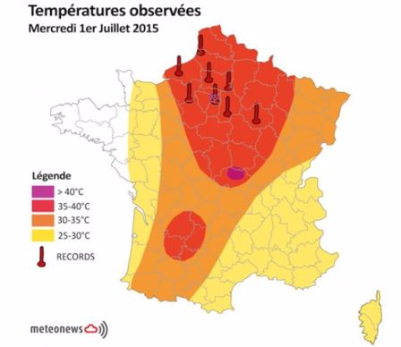 Températures observées en France le 1er juillet 2015