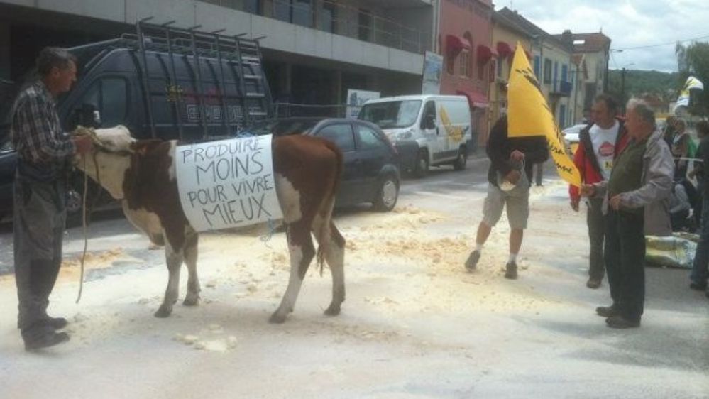 Dans les rue de Vesoul, les militants de la Confédération paysanne réclament de la régulation pour sortir de la crise laitière. (©Confédération Paysanne)