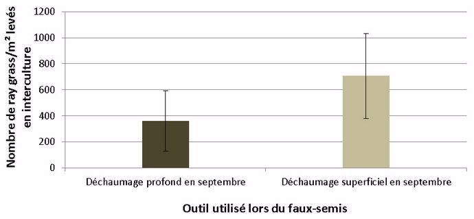 Nombre de ray-grass par m2 levé en interculture en fonction du type de déchaumage réalisé lors du faux-semis