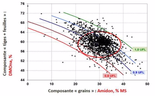 Valeurs énergétiques représentées selon les deux valeurs «amidon» et «DMOna», chaque point correspond à une analyse.