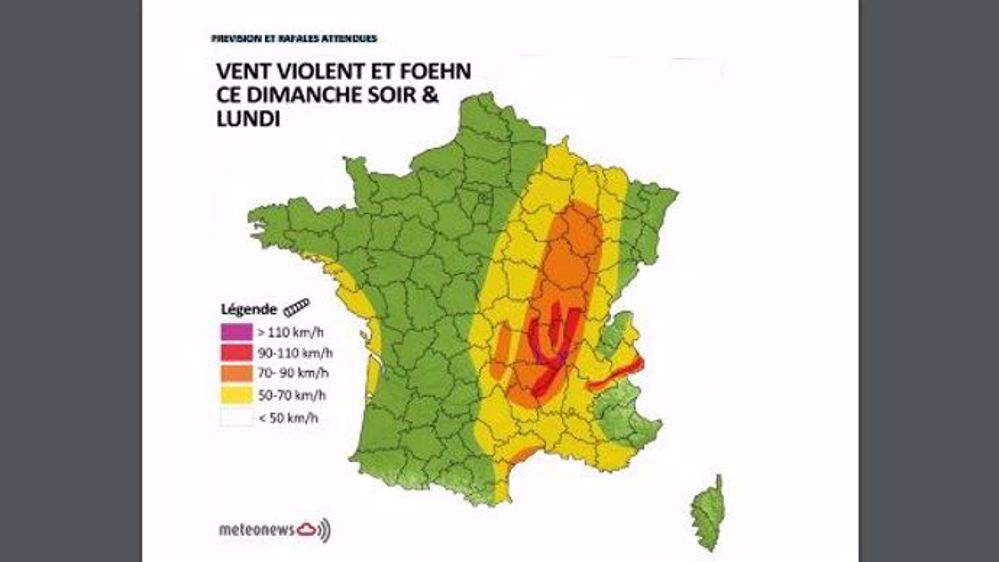 Carte de vigilance vent dans l'est de la France et les Alpes. (©MeteoNews)