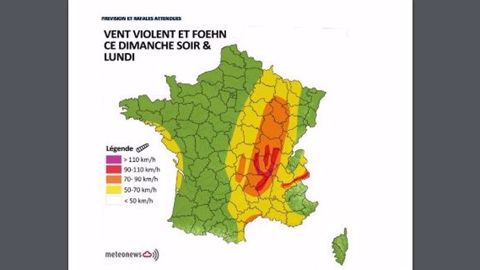 Carte de vigilance vent dans l'est de la France et les Alpes. (©MeteoNews)
