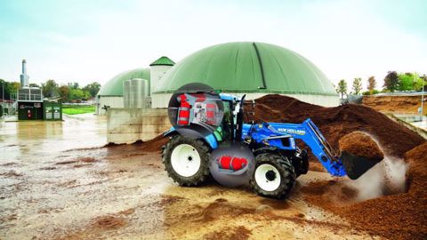 Le tracteur au méthane de New Holland embarque 52 kg de biogaz, de quoi travailler une demi-journée. (©New Holland)