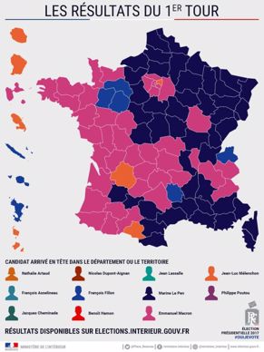 Vue d'ensemble des résultats : candidat arrivé en tête dans chaque département. © Ministère de l'intérieur. Vue d'ensemble des résultats : candidat arrivé en tête dans chaque département