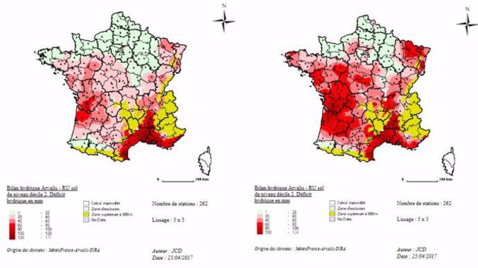Figure 2 : Déficit hydrique estimé au 01/05 pour les sols les plus superficiels localement en 2017 (à gauche) et en 2011 (à droite)