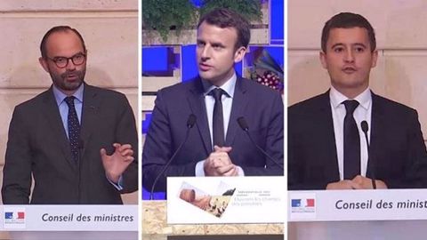 Emmanuel Macron, le 30 mars 2017, lors de son discours devant les agriculteurs à Brest. À droite et à gauche, Édouard Philippe et Gérald Darmanin, lors de la présentation du projet de loi pour un État au service d'une société de confiance, lundi 27 novembre 2017. (©Terre-net Média)