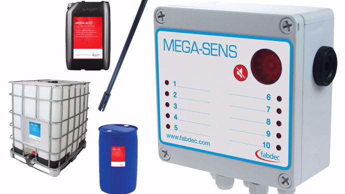 Le nouveau alarme de niveau Mega-Sens surveille jusqu’à 10 bacs avec des produits de nettoyage ou d’autres produits chimique.