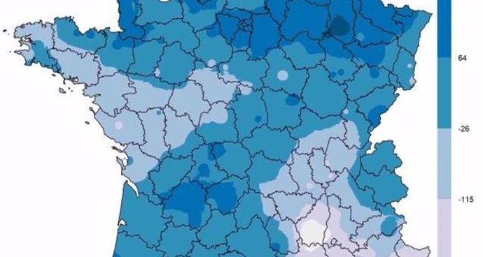 Carte 1 : Écart du cumul de précipitation (en mm) entre la campagne 2017-2018 et la médiane 20 ans (1997-2016) pour la période 1er septembre-08 janvier