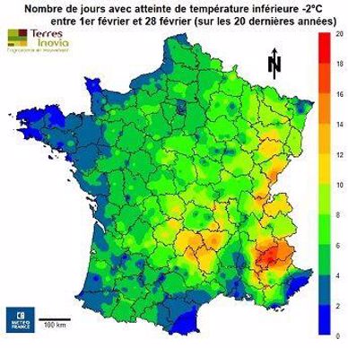 Carte montrant le nombre de jours avec atteinte de température inférieure à -2 degrés au mois de février sur les 20 denières années