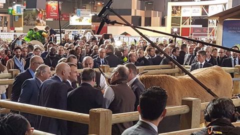 Emmanuel Macron, lors de son passage devant Haute, la vache égérie de race aubrac, au Salon de l'agriculture 2018. (©Terre-net Média)