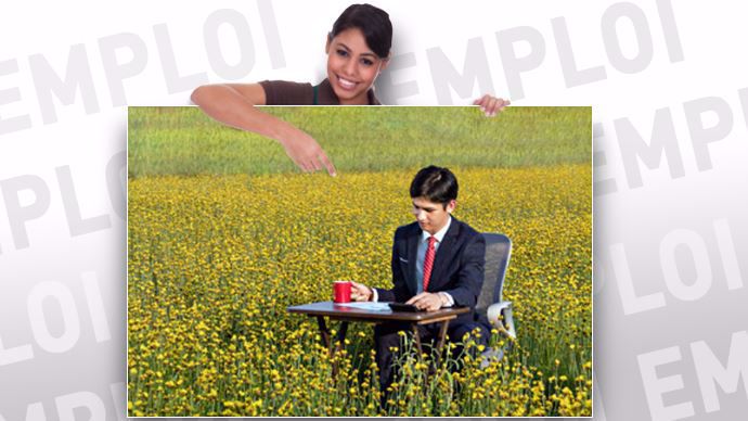 montage photo femme présentant un homme assis à son bureau dans un champ
