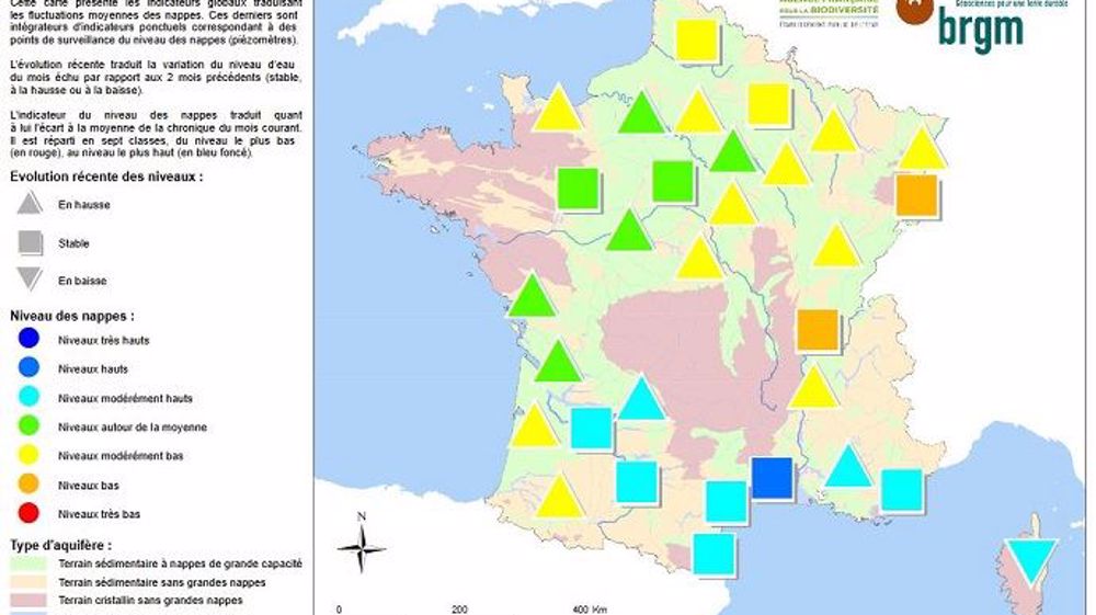 Situation des nappes au 1<sup>er</sup> janvier 2019. <a href="http://www.brgm.fr/sites/default/files/brgm_nappes_eau_2019-01-carte.pdf" title="BRGM" target="_blank"><span class="FicheBold">Cliquez ici pour agrandir l'image.