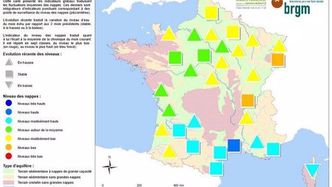 Situation des nappes au 1<sup>er</sup> janvier 2019. <a href="http://www.brgm.fr/sites/default/files/brgm_nappes_eau_2019-01-carte.pdf" title="BRGM" target="_blank"><span class="FicheBold">Cliquez ici pour agrandir l'image.