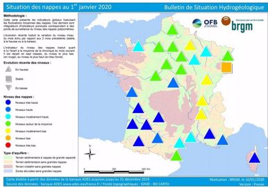 État des nappes phréatiques au 1er janvier 2020. Cliquez sur la carte pour l'agrandir.