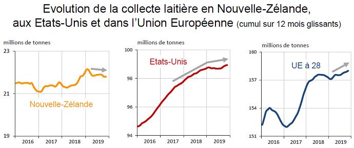 Courbes de la collecte laitière entre 2016 et 2019 en Nouvelle-Zélande, aux États-Unis et dans l'Union Européenne.