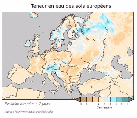 Conditions hydriques en Europe à sept jours.