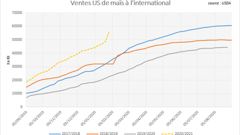 Ventes américaines hebdomadaires de maïs à l'international.