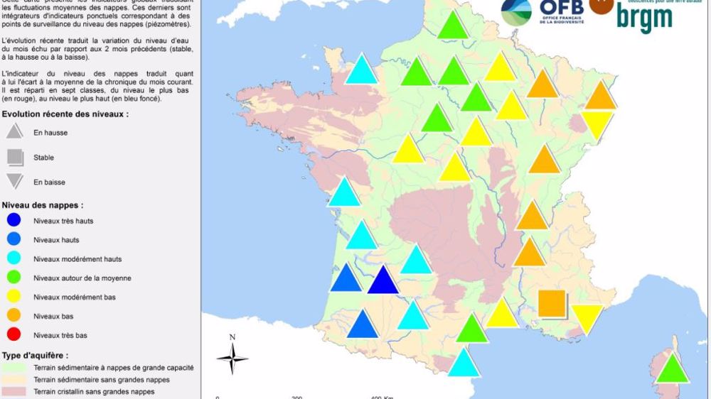État des nappes phréatiques au 1<sup>er</sup> janvier 2021. <a href="https://www.terre-net.fr/ulf/data/Amelie/communique-nappes-eau-souterraine-2021-01-carte_0.PDF" target="_blank">Cliquez sur la carte pour l'agrandir.</a> (©BRGM)<br />