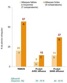 Comparaison de l’efficacité sur taupins des produits microgranulés appliqués avec ou sans diffuseur au semis du maïs - 15 essais maïs grain et 1 essai maïs doux (2005-2023).