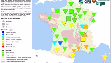 État des nappes phréatiques au 1<sup>er</sup> juillet 2021. <a href="https://www.terre-net.fr/ulf/data/Pauline/communique-nappes-eau-souterraine-2021-07-carte.PDF">Cliquez sur la carte pour l'agrandir</a>. (©BRGM) État des nappes phréatiques au 1<sup>er</sup> juillet 2021. <a href="https://www.terre-net.fr/ulf/data/Pauline/communique-nappes-eau-souterraine-2021-07-carte.PDF">Cliquez sur la carte pour l'agrandir</a>. (©BRGM)