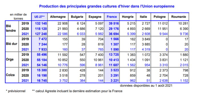 Estimations de production en Europe au 1er août