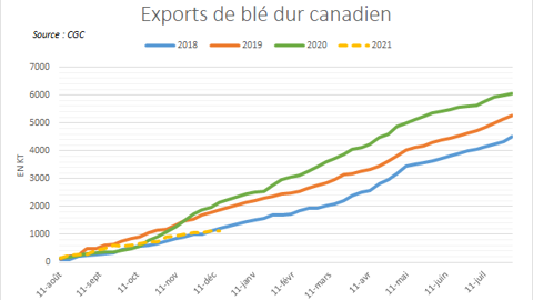 Exports canadiens de blé dur.