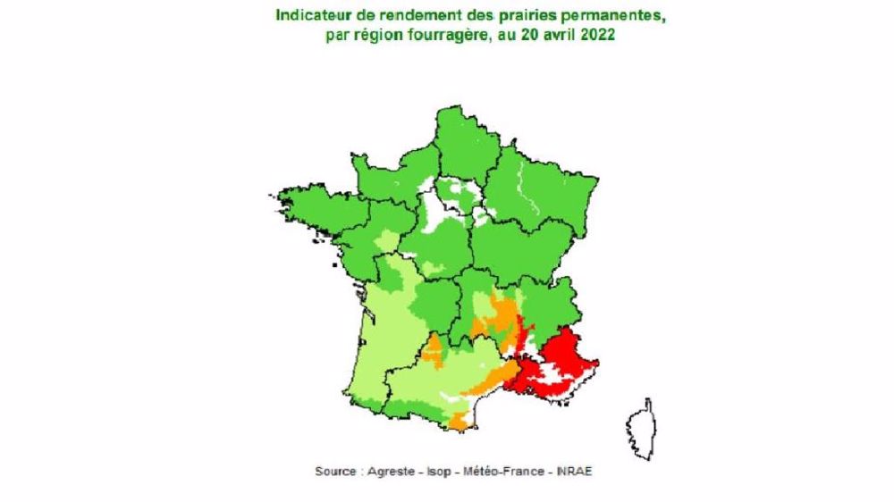 Pousse de l'herbe au 20 avril 2022. En rouge : déficit important (75 % et moins) ; en orange : déficit faible (de plus de 75 % à 90 %) ; en vert : normal (de plus de 90 % à 110 %) ; en vert foncé : excédent (plus de 110 %). (©Agreste-Isop-Météo France - Inrae)<br /> Pousse de l'herbe au 20 avril 2022. En rouge : déficit important (75 % et moins) ; en orange : déficit faible (de plus de 75 % à 90 %) ; en vert : normal (de plus de 90 % à 110 %) ; en vert foncé : excédent (plus de 110 %). (©Agreste-Isop-Météo France - Inrae)<br />
