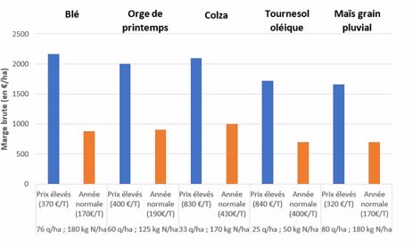 Marge brute estimée de plusieurs cultures pour des rendements et des apports d’azote moyens dans l’est de la France