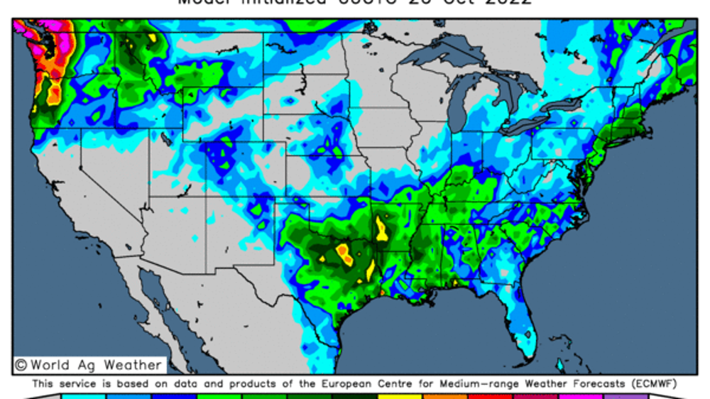 Le Midwest devrait profiter de pluies généreuses en fin de semaine. (©WorldAgWeather)