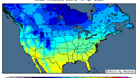 LE climat froid et humide au Canada risque de ralentir les semis de canola. (©WorldAgWeather) LE climat froid et humide au Canada risque de ralentir les semis de canola. (©WorldAgWeather)