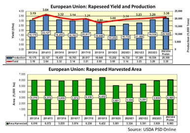 Production, surfaces et rendements de colza pour l'UE