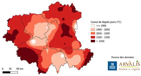 Carte du cumul de températures en Auvergne et Limousin en 2022.