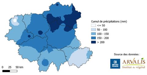 Carte des précipitations en Auvergne et Limousin en 2022.