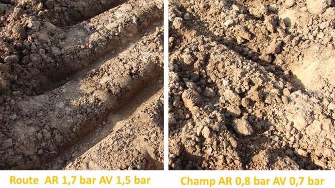 Comparatif de l'impact visuel au sol de deux pressions pneumatiques différentes.