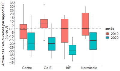 Arrivée des premiers pucerons dans les parcelles de pois en 2019 (rouge) et 2020 (bleu) par rapport à la date de floraison (trait pointillé)