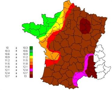 Taux de protéines probable récolte 2011 modélisé au 17 juillet 2011.