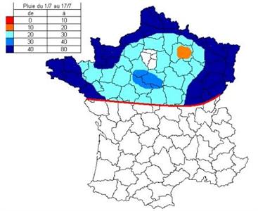 Pluviométrie en mm sur la moitié Nord de la France du 1er juillet au 17 juillet.