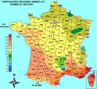 Carte des températures moyennes annuelles normales 1981/2010 en France