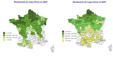 Cartes des estimations de rendements en 2022 pour le colza et l’orge d’hiver. ©Agreste
