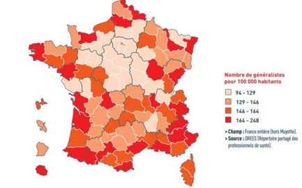 Des médecins généralistes très mal répartis en France (Baromètre santé AMF — Mutualité française, 2020)