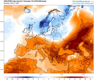 Anomalies de température moyenne prévues sur l’Europe les 5 prochains jours par le modèle GFS. © Climatereanalyzer.org