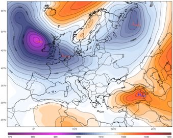 Anomalies de température moyenne prévues sur l’Europe les 5 prochains jours par le modèle GFS. © Climatereanalyzer.org