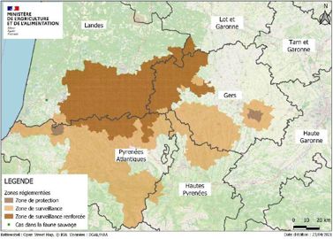 Zone réglementée dans le Sud-Ouest à cause de l’influenza aviaire hautement pathogène. © Ministère de l’Agriculture