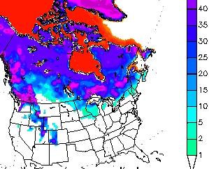 Epaisseur de neige au 2 février sur le Nord des Etats-Unis.