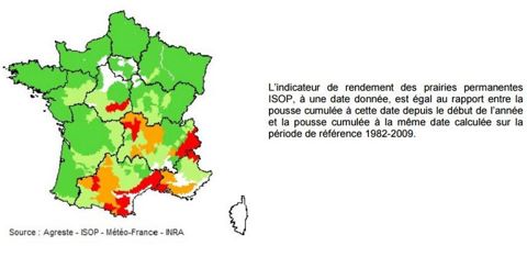 Légende = > rouge : déficit important (75 % et moins) ; orange : déficit faible (de plus de 75 % à 90 %) ; vert clair : normal (de plus de 90 % à 110 %) ; vert foncé : excédent (plus de 110 %)