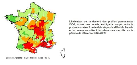 Rouge : déficit important (75 % et moins), orange : déficit faible (de plus de 75 % à 90 %), vert clair : normale (de plus de 90 % à 110 %), et vert foncé : Excédent (plus de 110 %.). © Agreste