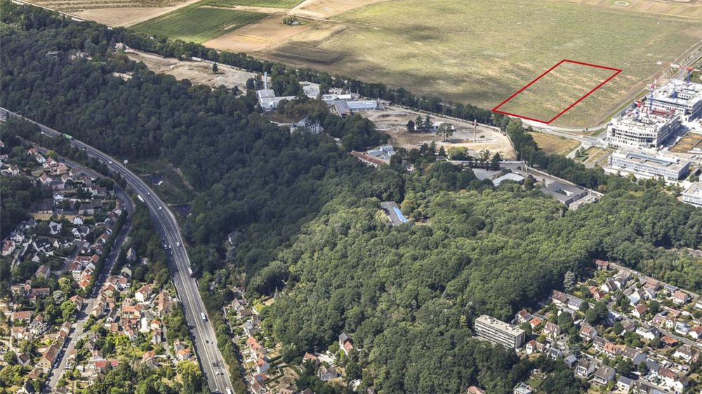 En rouge, emplacement de la pépinière transitoire au sein du futur quartier de Corbeville du Campus urbain de Paris-Saclay. ©EPA Paris-Saclay En rouge, emplacement de la pépinière transitoire au sein du futur quartier de Corbeville du Campus urbain de Paris-Saclay. ©EPA Paris-Saclay