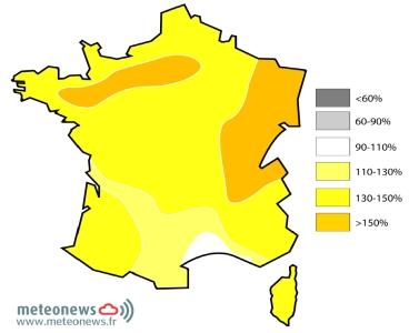 Taux d'ensoleillement pour mars 2012 par rapport à la norme 1970-2000 en France