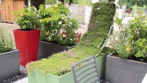 Cette réalisation des Jardins de Gally, exposée à Jardins, Jardin aux Tuileries 2012, s'inscrit dans la tendance « Touche Pure » à travers les pots de couleur rouge.PHOTO : ODILE MAILLARD